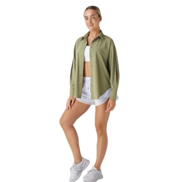 HALARA XS Split Cut Out Sleeve Button Front Curved Hem Hiking Shirt Cedar NEW! - Picture 3 of 10